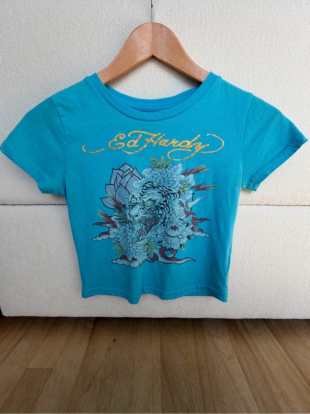 Ed Hardy Turquoise Floral Tiger Logo Tee